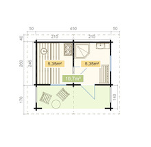 Grundriss eines Gartenhauses mit Sauna, Dusche und Terrasse mit Maßangaben