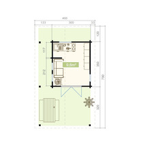 Grundrisszeichnung eines Gartenhauses mit Terrasse und Möbeln