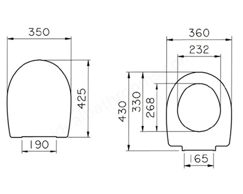 Technische Zeichnung eines Toilettensitzes mit Maßangaben
