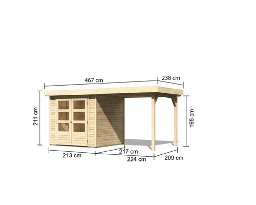 Holzgartenhaus mit Anbau und Maßangaben