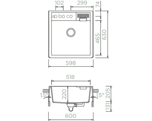 Dessin technique d''un évier de cuisine avec dimensions.
