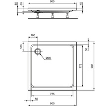 Dessin technique d''un receveur de douche avec indications de dimensions.