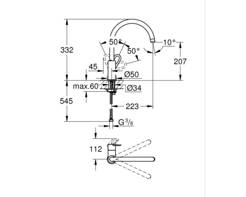 Plan coté d''un robinet avec indication des dimensions et des angles