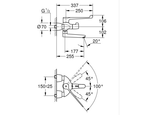 Schéma coté d''un robinet avec indication des dimensions et des angles.