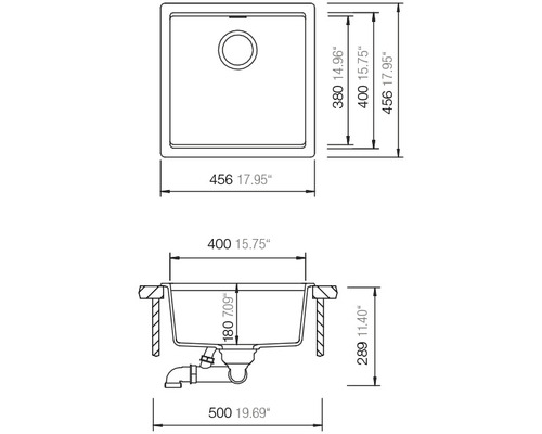Skizze einer Küchenspüle mit Maßangaben