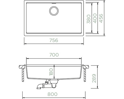 Zeichnung einer Spüle mit Maßangaben