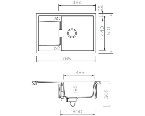 Schéma technique d''un évier de cuisine avec cuve et égouttoir, avec indications de dimensions.