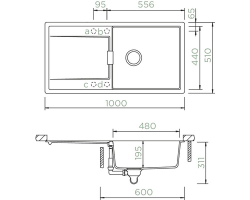Technische Zeichnung einer Küchenspüle mit Maßangaben