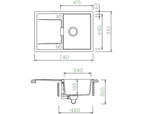 Dessin technique d''un évier avec les dimensions correspondantes.