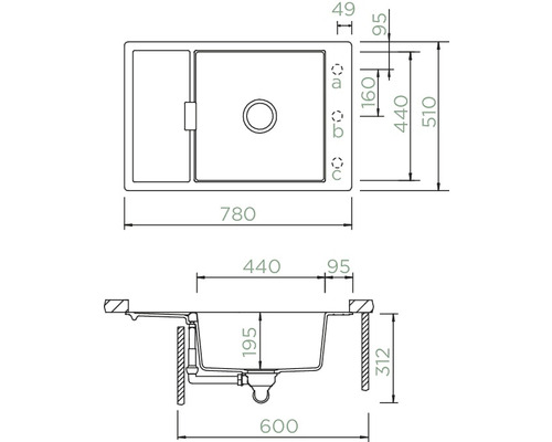 Zeichnung einer Spüle mit Abmessungen