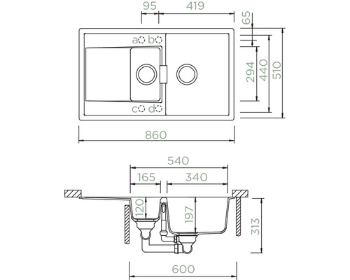 Zeichnung einer Spüle mit den dazugehörigen Maßen.