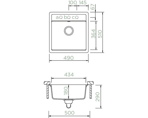 Technische Zeichnung einer Küchenspüle mit Maßangaben