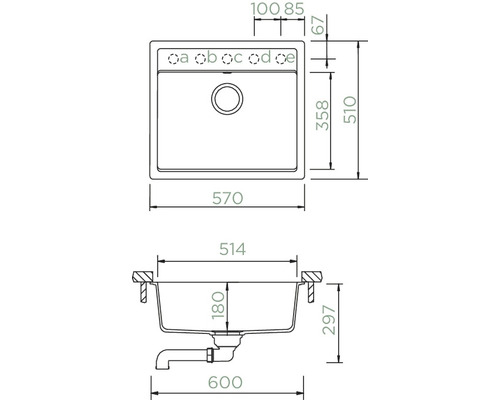 Technische Zeichnung einer Spüle mit Maßangaben