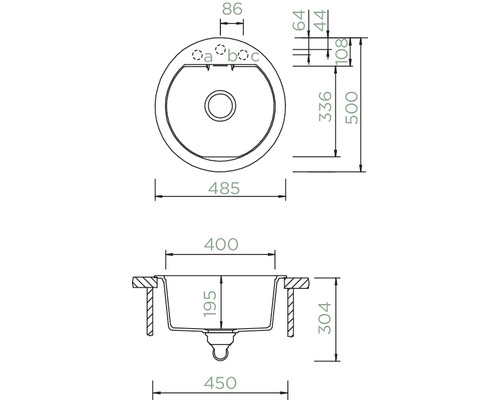 Dessin technique d''un lavabo rond avec dimensions