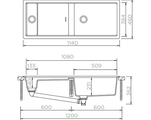 Technische Zeichnung einer Spüle mit Beckenmaßen