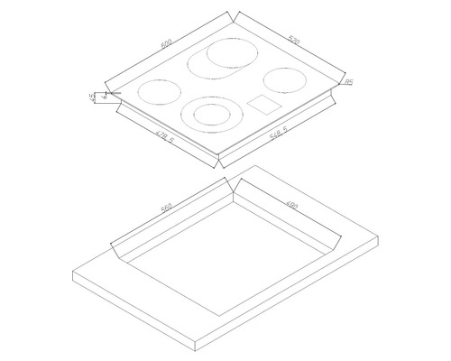 Produktzeichnung eines Kochfeldes mit Maßangaben