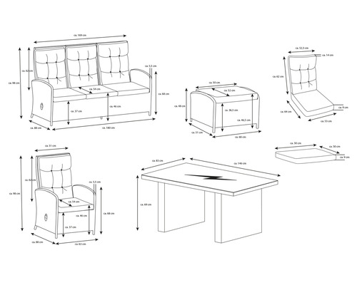Dimensions d''un ensemble composé d''un canapé, d''un fauteuil, d''un tabouret et d''une table