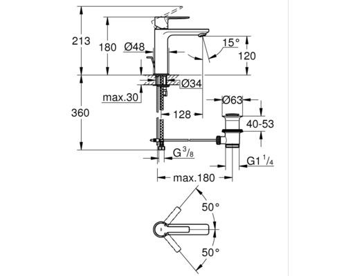 Schéma technique d''un robinet avec dimensions