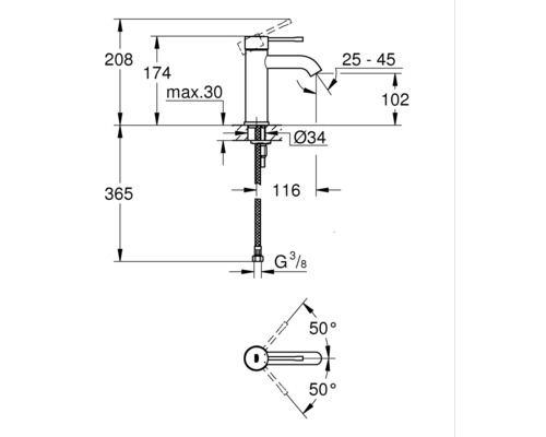 Schéma technique d''un robinet avec indications de mesure