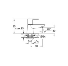 Technische Zeichnung eines Wasserhahns mit Maßangaben für die Installation.