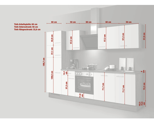 Küchenzeile mit Maßen für Arbeitsplatte, Unterschrank und Hängeschrank