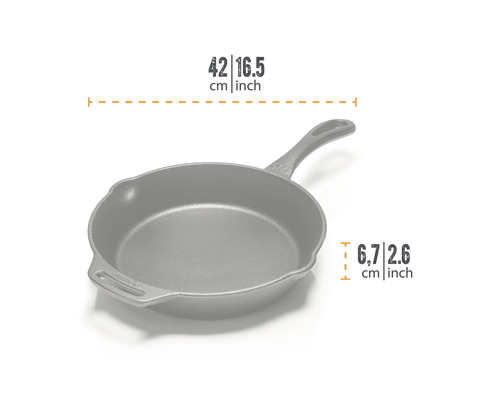 Gusseisenpfanne mit Griff und Maßangaben