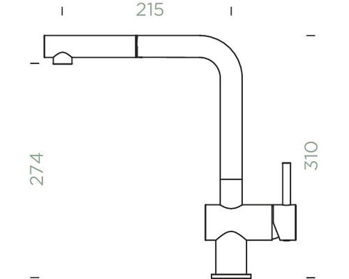 Technische Zeichnung einer Küchenarmatur mit Maßangaben.