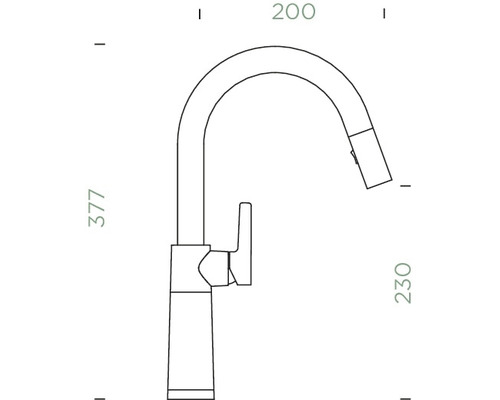 Zeichnung einer Küchenarmatur mit den Maßen 377, 200 und 230 Millimeter.