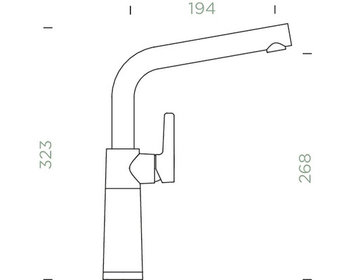 Dessin technique d''un robinet de cuisine avec indication de la hauteur et de la largeur.