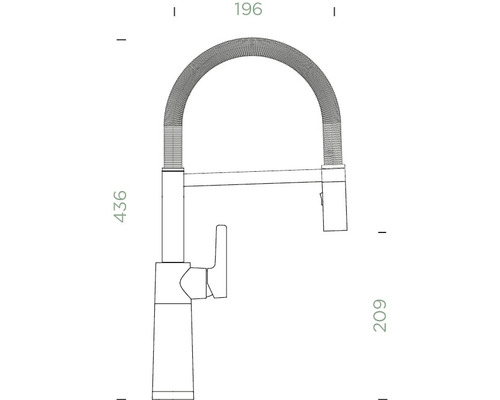 Dessin technique d''un robinet de cuisine avec les dimensions 196, 436 et 209.