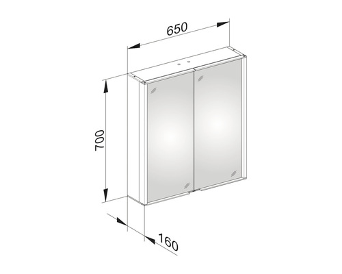 Technische Zeichnung eines Spiegelschranks mit den Maßen 650 x 700 x 160 Millimeter.