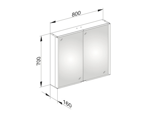 Zeichnung eines Spiegelschrankes mit den Maßen 800 x 700 x 160 Millimeter.