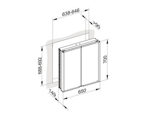 Technische Zeichnung eines Spiegelschranks mit Maßangaben