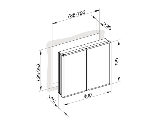 Technische Zeichnung eines Spiegelschranks mit Maßangaben