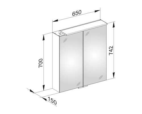 Dessin technique d''une armoire de toilette avec indications de largeur, hauteur et profondeur