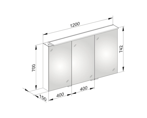 Technische Zeichnung eines Spiegelschranks mit Maßangaben.