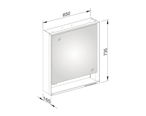 Technische Zeichnung eines Spiegelschranks mit Maßangaben
