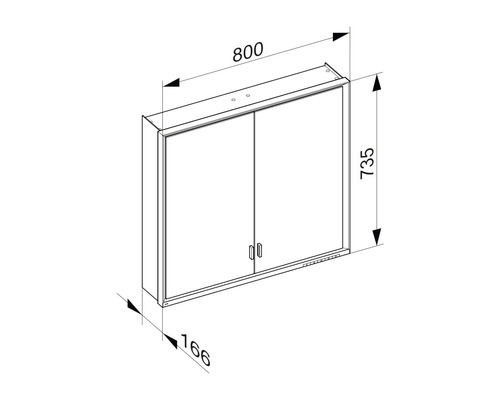 Schéma technique d''une armoire de toilette avec les dimensions 800 x 735 x 166 millimètres