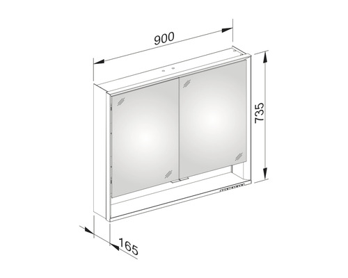 Dessin technique d''une armoire de toilette avec les dimensions 900, 735 et 165 millimètres.