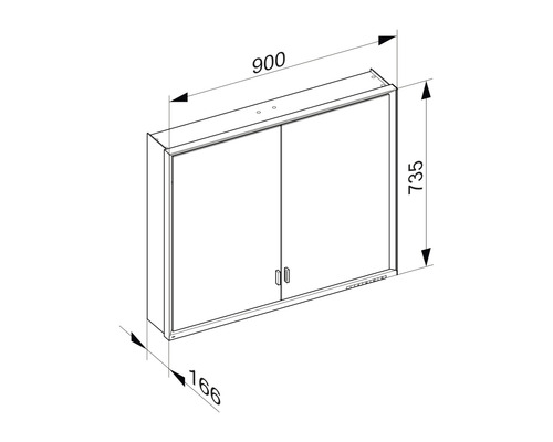 Dessin technique d''une armoire de toilette avec des dimensions de 900 x 735 x 166 millimètres.