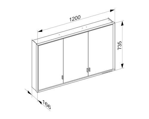 Technische Zeichnung eines Spiegelschrankes mit Breiten-, Höhen- und Tiefenangaben