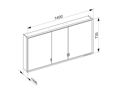 Dessin technique d''une armoire de toilette aux dimensions 1400 x 735 x 166 millimètres.