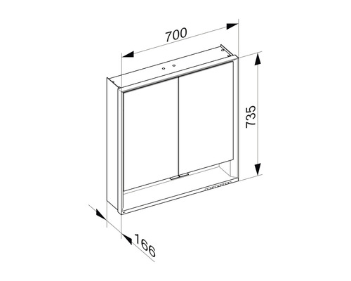 Technische Zeichnung eines Spiegelschrankes mit den Maßen 700, 735 und 166 Millimeter.