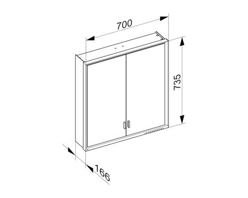 Schéma technique d''une armoire de toilette avec indication de la largeur, de la hauteur et de la profondeur