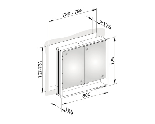 Maßzeichnung für einen Spiegelschrank mit zwei Türen und Regal