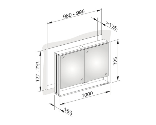 Schéma technique d''une armoire de toilette avec indications de dimensions.