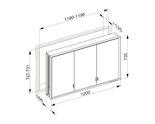 Schéma technique d''une armoire de toilette avec indications de dimensions.