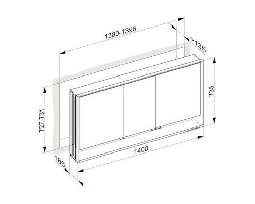 Technische Zeichnung eines Spiegelschranks mit Maßangaben