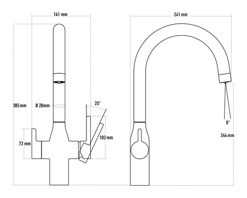 Dessin technique d''un robinet de cuisine avec dimensions