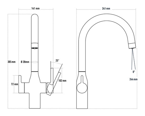 Schéma technique d''un robinet de cuisine avec indications de dimensions